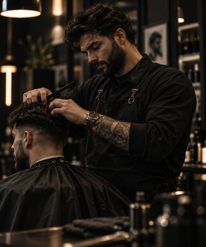 Barber při stříhání zákazníka